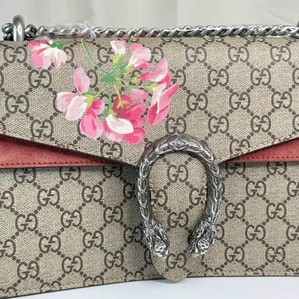 Gucci GG Logo Supreme Medium Dionysus Shoulder Bag with Floral Accent and Red Tr